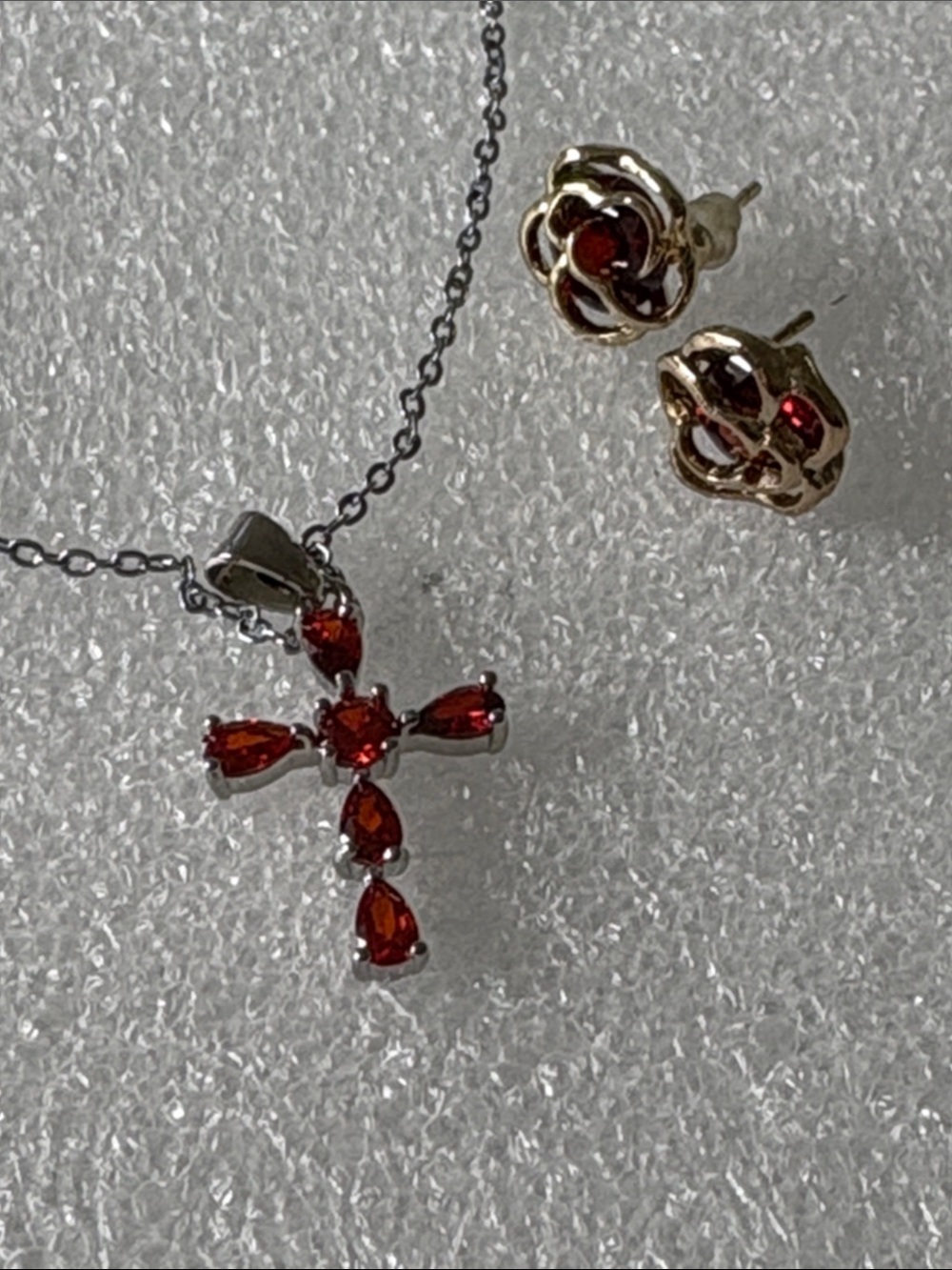 Silver Cross Necklace with Red Gemstones sterling cross